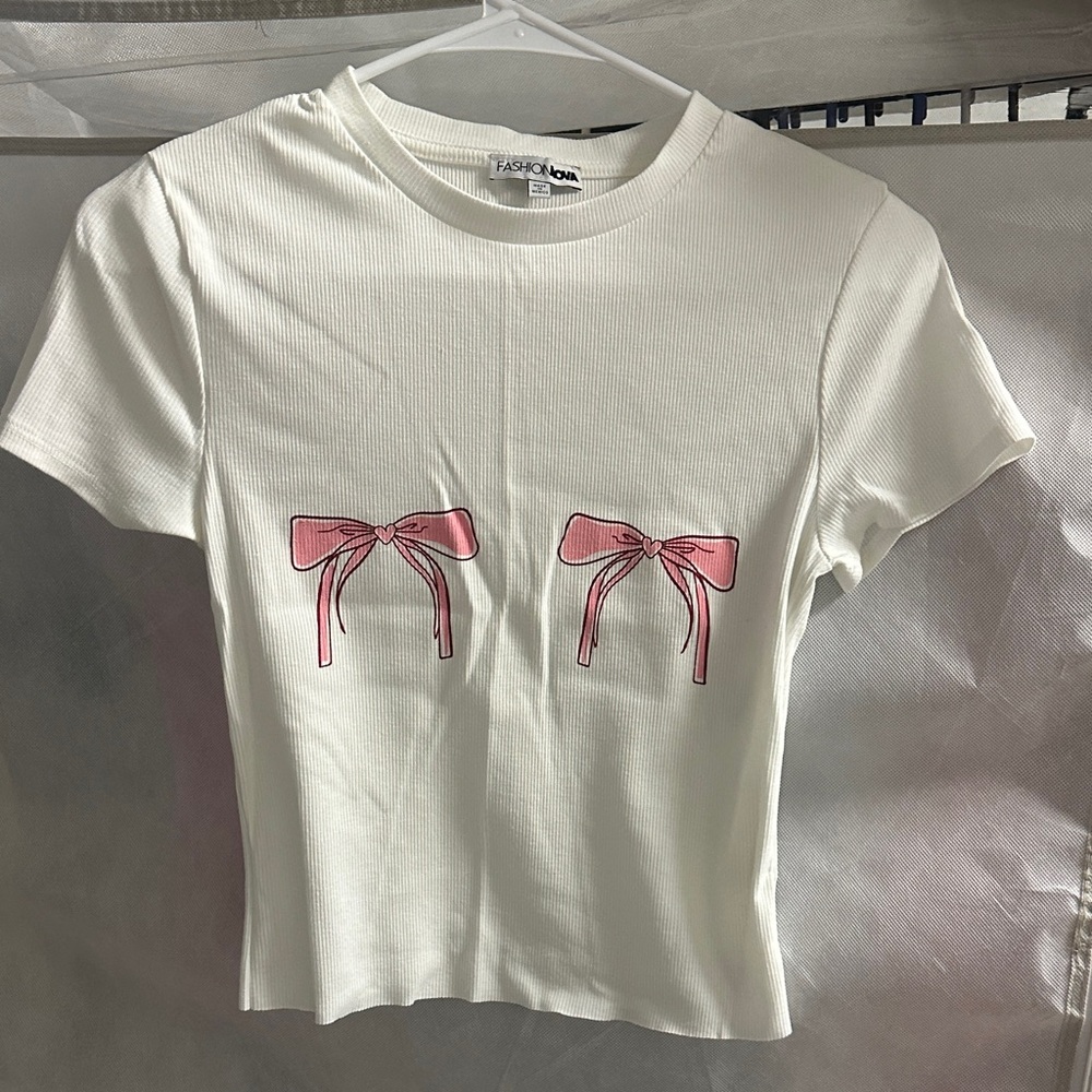 Fashion Nova Cream Top with Pink Bow Accents
